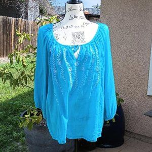 Blue Embroidered St. John's Bay Peasant Top Blouse 1X 2X Cotton Eyelet Tie